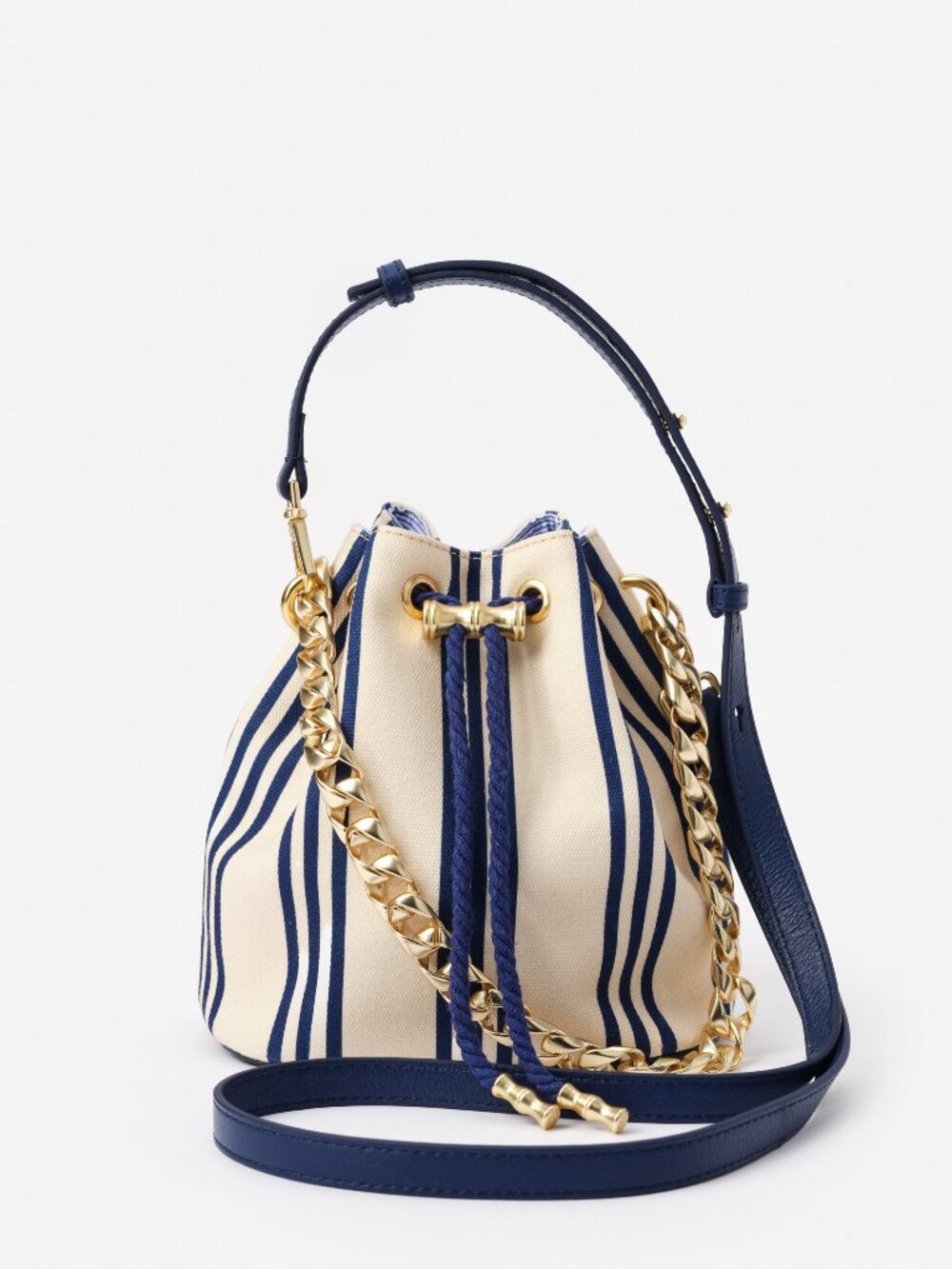 J McLaughlin The Daisy Canvas Bucket Bag in Stripe - Nautical Navy/Saddle NEW